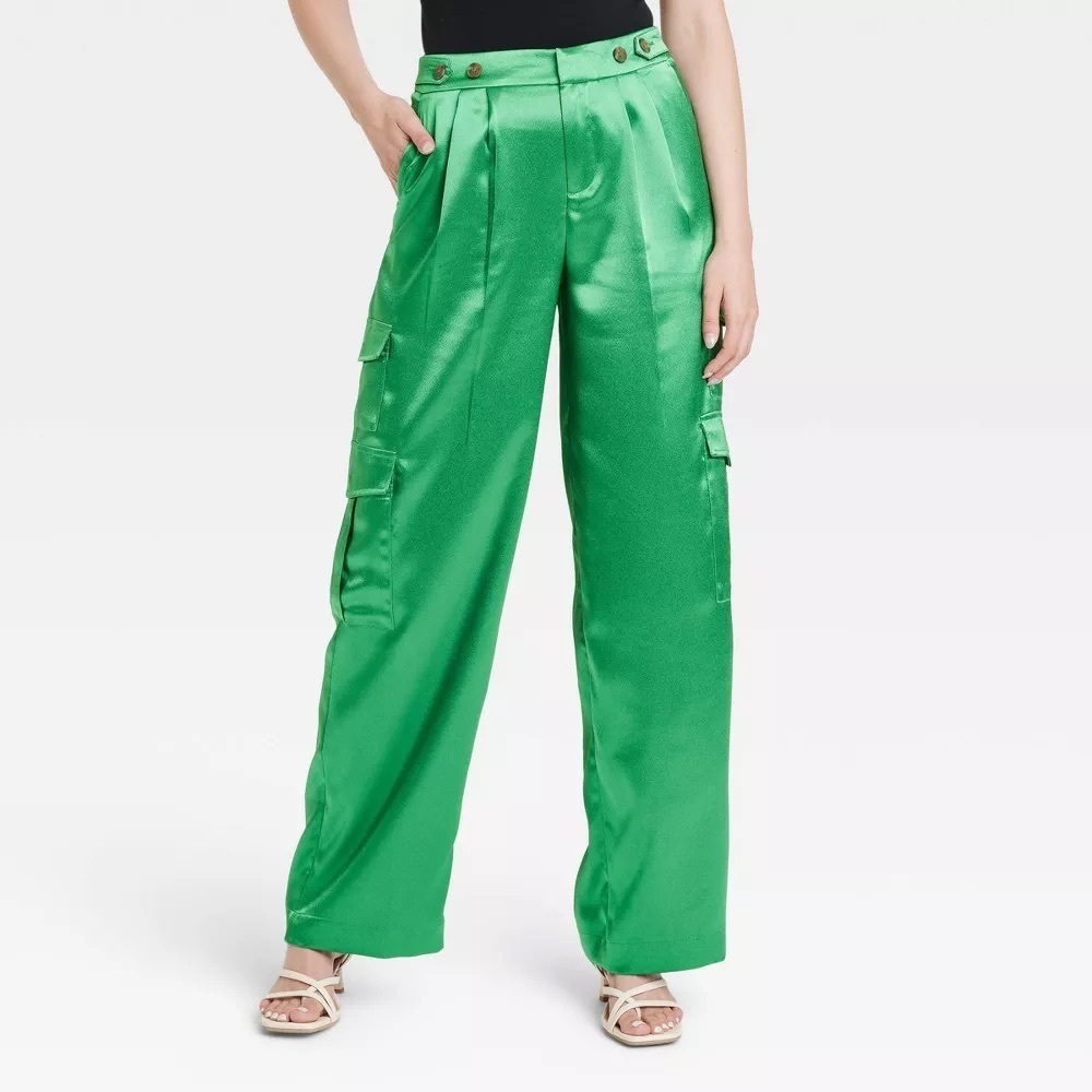 RARE A NEW DAY NWT Straight High Rise Satin Cargo Pants Glossy Green—2